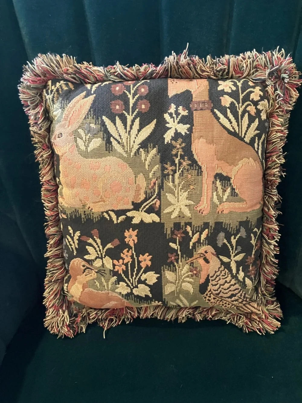 Vintage Needlepoint Woodland Animals Tapestry Accent Pillow